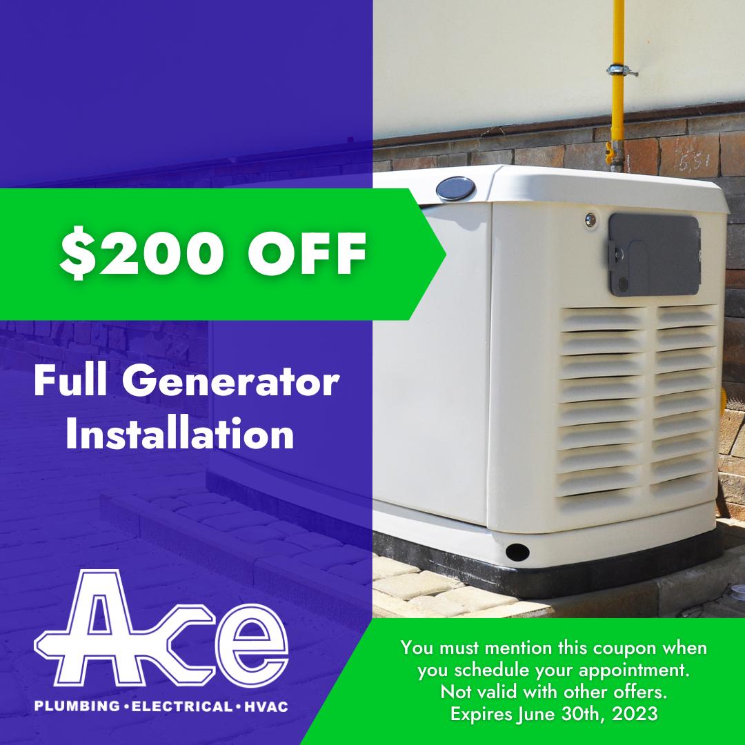 $200 off a full generator installation. Coupon can't be combined with other offers. Expires June 30th, 2023.