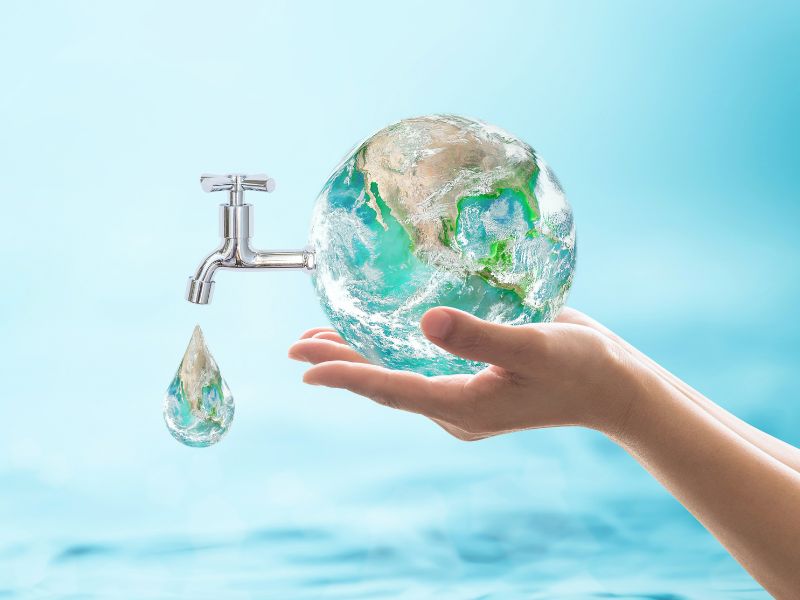 a pair of hands holds a small replica of the planet Earth, with a faucet sticking out of the side and dripping water